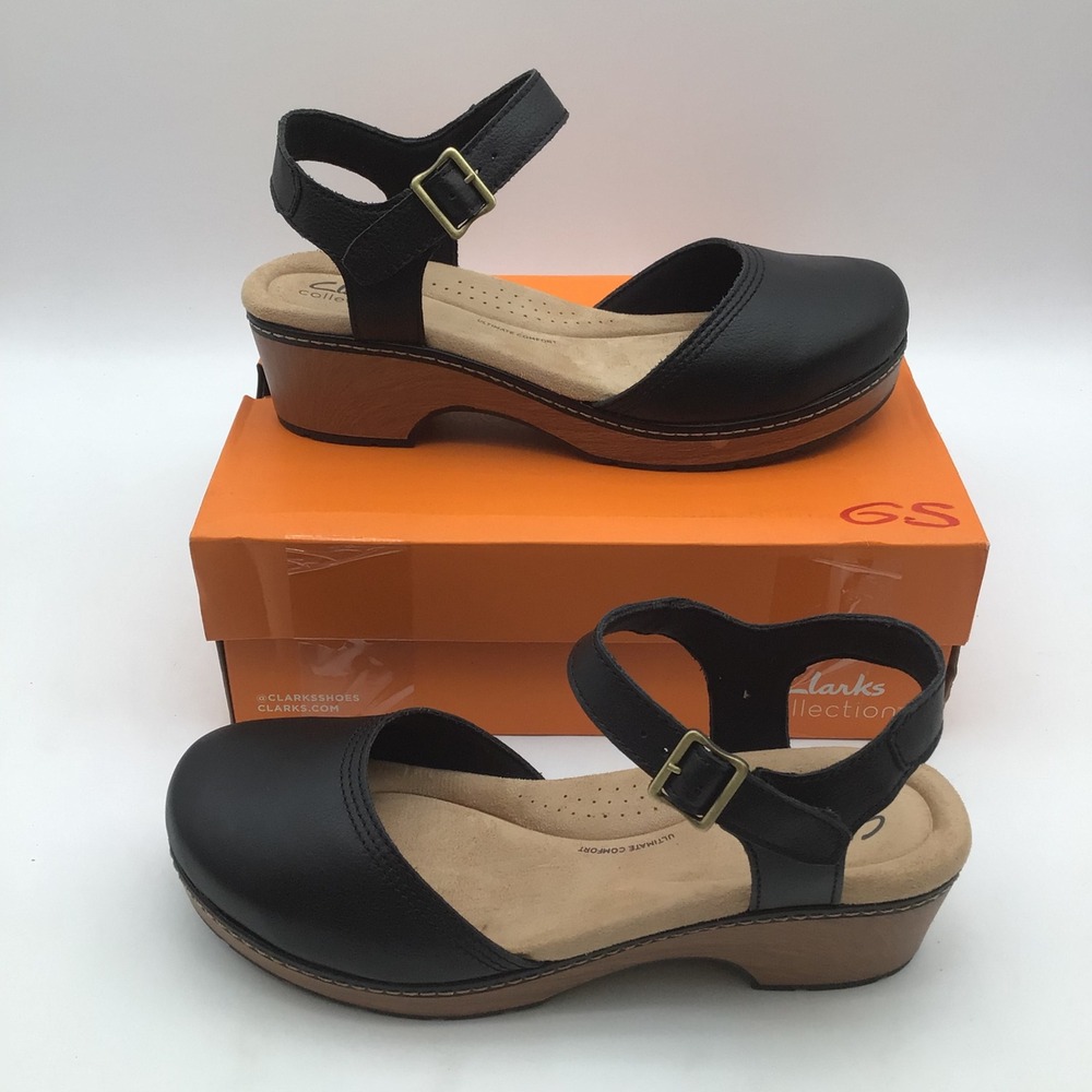 Clarks Paizlee Ria Black Leather Closed Toe Wedge Clog Sandals‎ Womens 11 M NEW